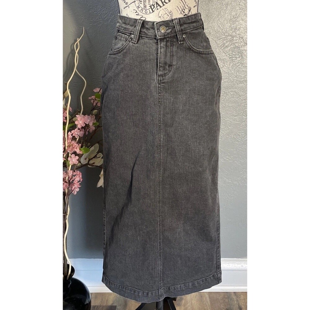 Aura for Wrangler Black Denim Midi Skirt Size 2X35 Cowgirl Western Boho Jean